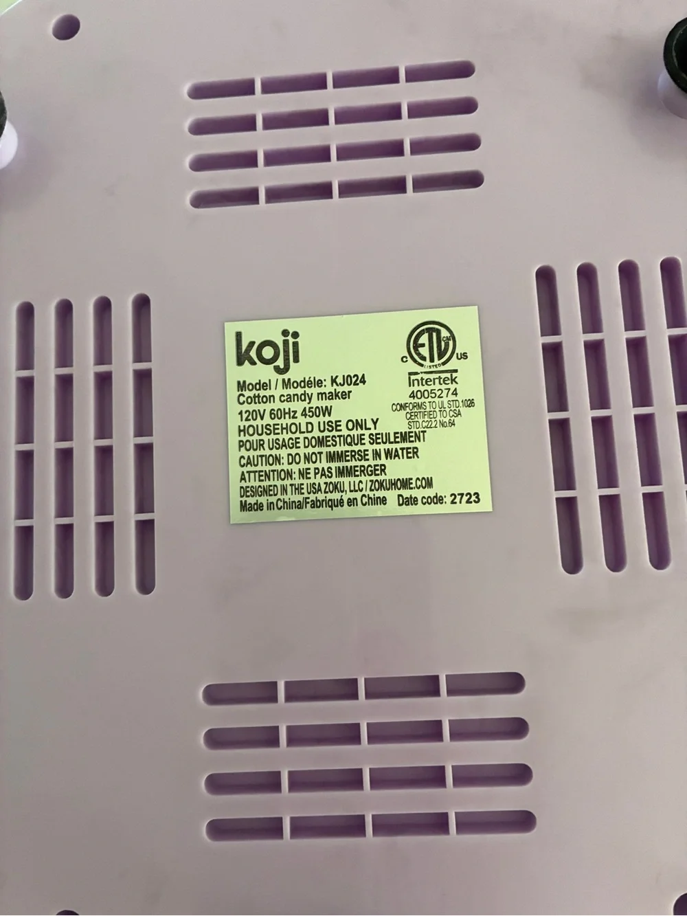 Koji Purple Cotton Candy Maker Machine KJ024 450W Party Carnival Treat Maker